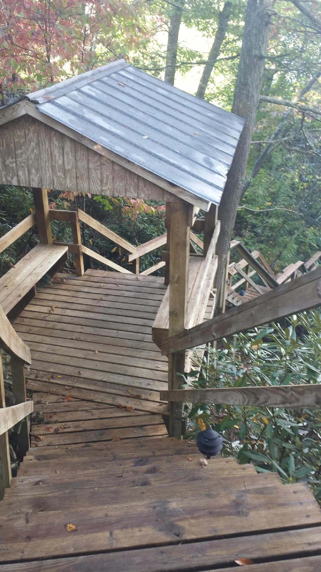 Metal roofed shelter over wooden steps on a wooded walkway — Skylight Repair & Installation work by our crew in Gum Spring